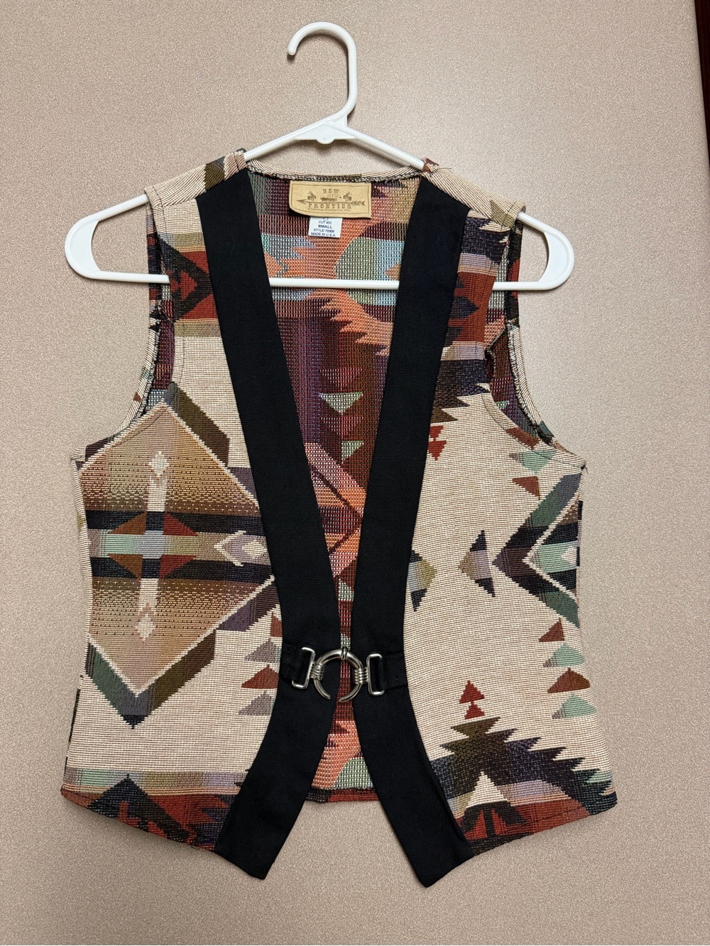 New Frontier Southwestern Geometric Vest in Tan, Brown, Black, Green
